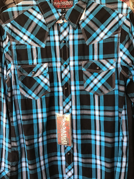 Rock & Roll Cowboy Blue & Black Long Sleeve Pearl Snap