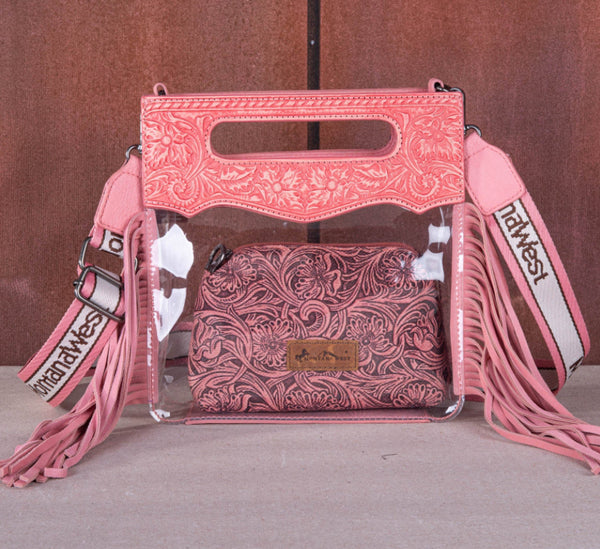 Pink Fringe Clear Stadium Crossbody with Detachable Pouch