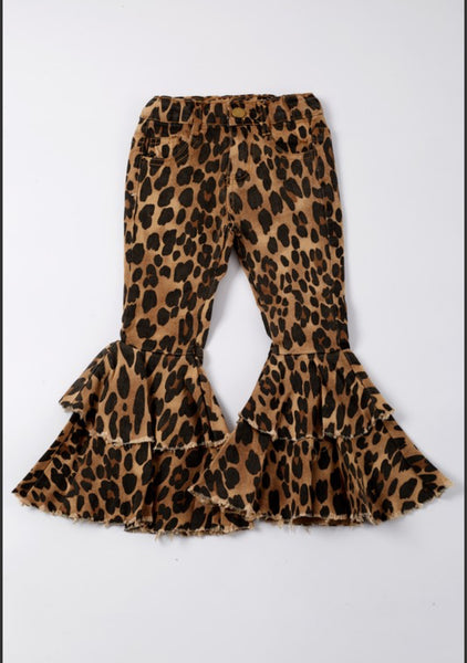 Girls Cheetah Denim Flares