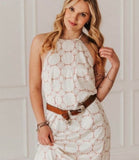Beige cream horse bit stretch, satin halter dress
