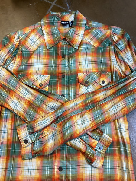 Women’s Cruel Denim Orange and Green Plaid Pearl Snap