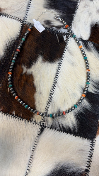 Orange, turquoise, Red, and Sterling Silver Pearl Necklace 18”+2” extender