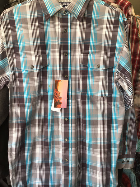 Panhandle Blue & Gray Plaid Long Sleeve Pearl Snap