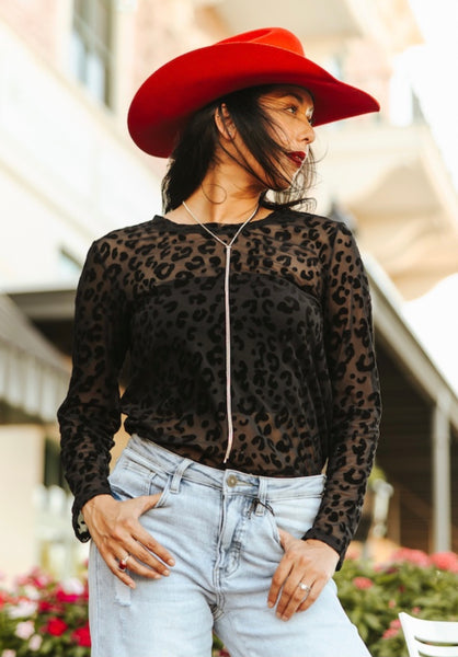 L&B Black Cheetah Mesh Top