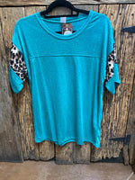 Sunshine and Rodeos Heather Turquoise  with Leo Striped Sleeve Top