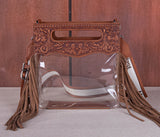 Brown Fringe Clear Stadium Crossbody with Detachable Pouch