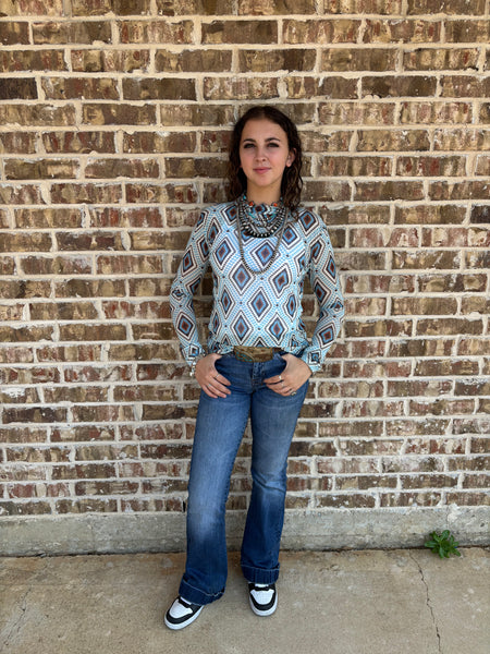 L&B White and Blue Aztec Mesh Top