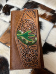 American Darling tooled leather and cowhide wallet - cactus