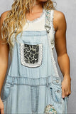 Denim overalls with cheetah and floral patches