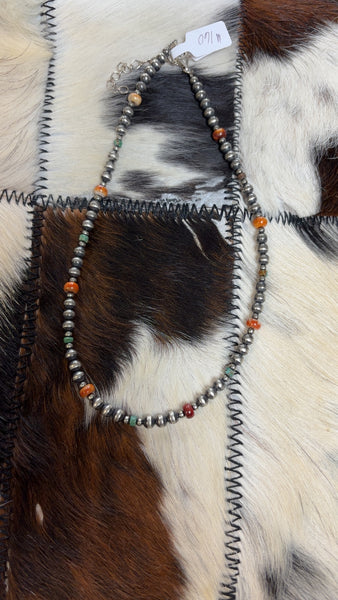 Orange, Green, and Sterling Silver Pearl Necklace 16”+2” extender