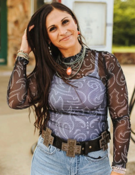 L&B Black Boot Stitch Mesh Top