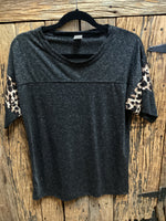 Sunshine and Rodeos Black Heather with Leo Striped Sleeve Top