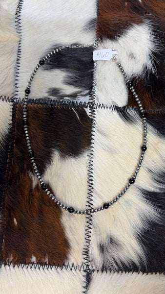 Round Black Onyx and Sterling Silver Pearl Necklace 18”+2” extender