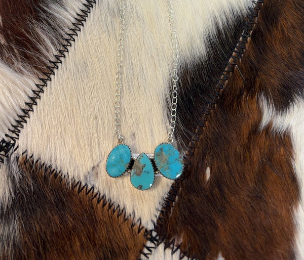 3 Stone Red River Turquoise -Sterling Silver Bar Necklace