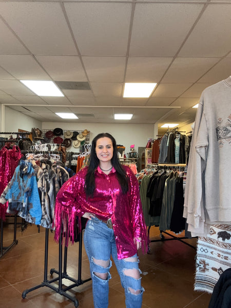 L&B Pink Sequin and Fringe Shacket