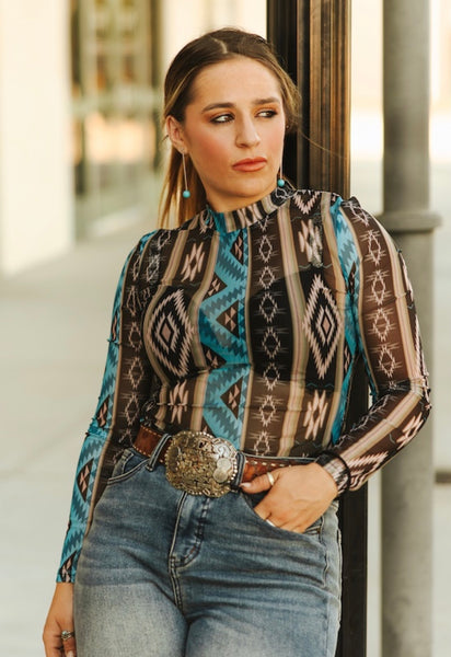 L&B Blue and Black Aztec Mesh Top