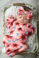 Infant gown with bow headband - Pink & Wine Flower
