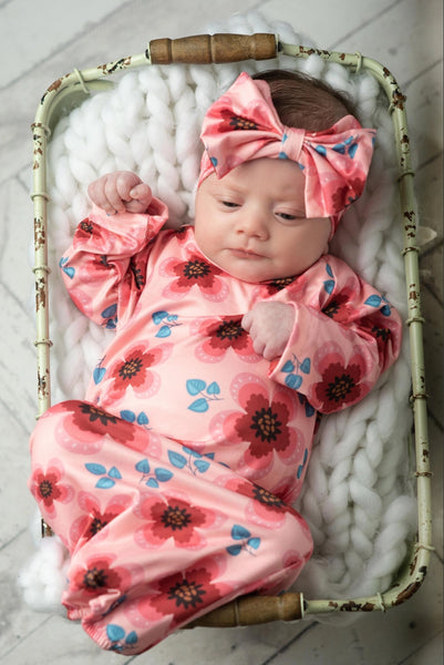 Infant gown with bow headband - Pink & Wine Flower