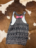Sterling Kreek black tank top with pink bow on the back and pink pocket along with a chevron-like pattern