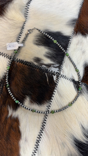 Green Stone and Sterling Silver Pearl Necklace 16”