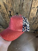 Leopard and Red Sparkle Ponytail Hat