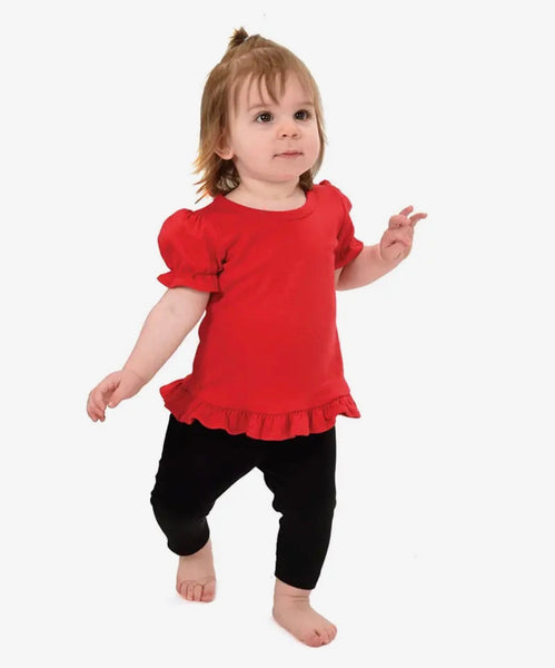 Girls red shirt with puff sleeves and a ruffled bottom – Rustic Cactus ...
