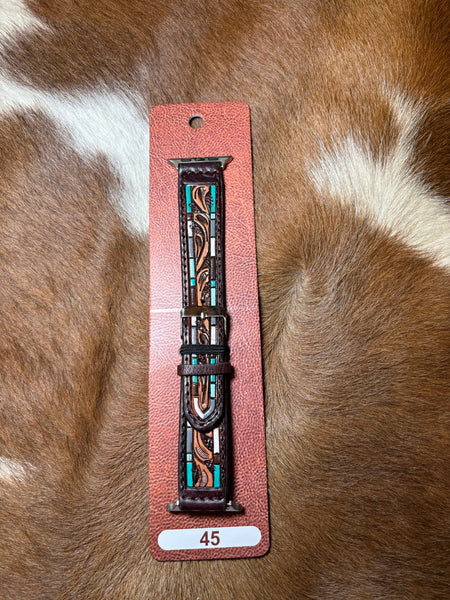 45mm thin turquoise and grey Hand-tooled Apple Watch Band