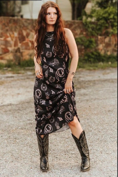 Black vintage western printed stretch satin halter dress  Rustic Cactus  Family Western Boutique