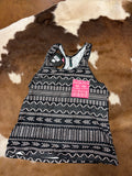 Sterling Kreek black tank top with pink bow on the back and pink pocket along with a chevron-like pattern