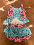 Girls pink and turquoise set with bows and ruffles