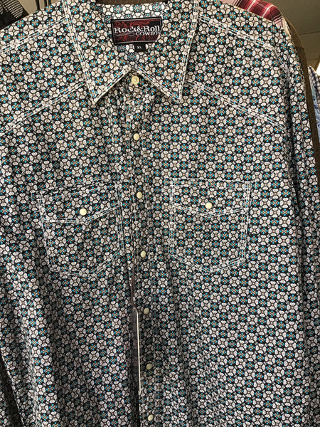 Rock & Roll Cowboy Cream & Blue  Long Sleeve Pearl Snap