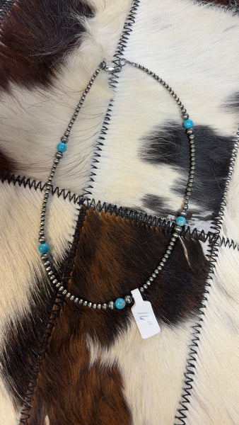 Round Turquoise and Sterling Silver Pearl Necklace 16”