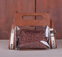 Brown Fringe Clear Stadium Crossbody with Detachable Pouch