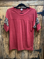 Sunshine and Rodeos Heather Burgundy with Leo Striped Sleeve Top