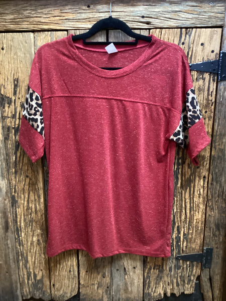 Sunshine and Rodeos Heather Burgundy with Leo Striped Sleeve Top