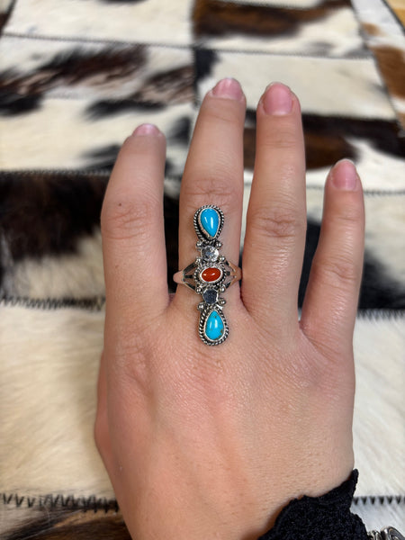 Ring- Coral and Turquoise -Size 7.5