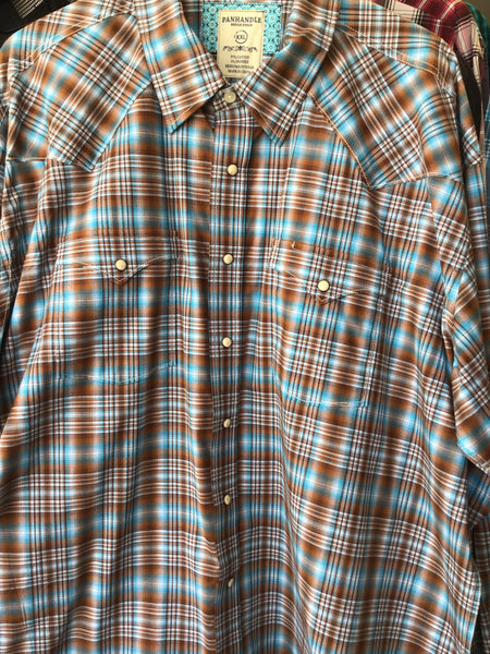 Panhandle Rough Stock Brown & Blue Plaid Long Sleeve Pearl Snap
