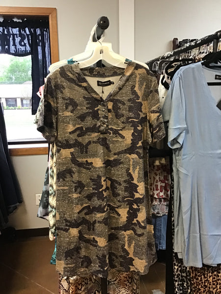 Merigold Kiss Camo T-Shirt Dress with Buttons
