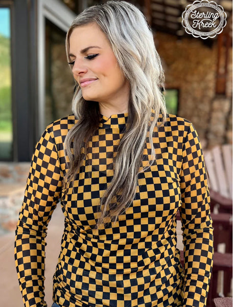 Sterling Kreek Women’s Yellow and Black Checkered Mesh Shirt