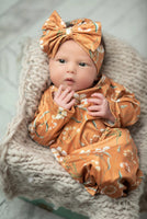 Infant gown with bow headband - Rust Botanical