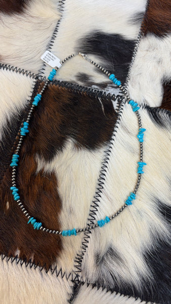 Turquoise chips and Sterling Silver Pearl Necklace 18”