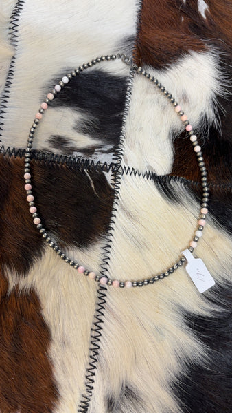 Round bead Pink Conch and Sterling Silver Pearl Necklace 17”