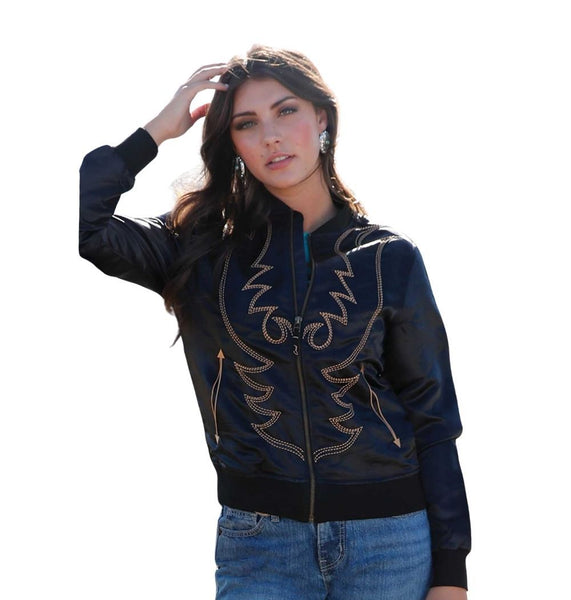 Cruel Denim Black Satin Bootstitch Bomber Jacket