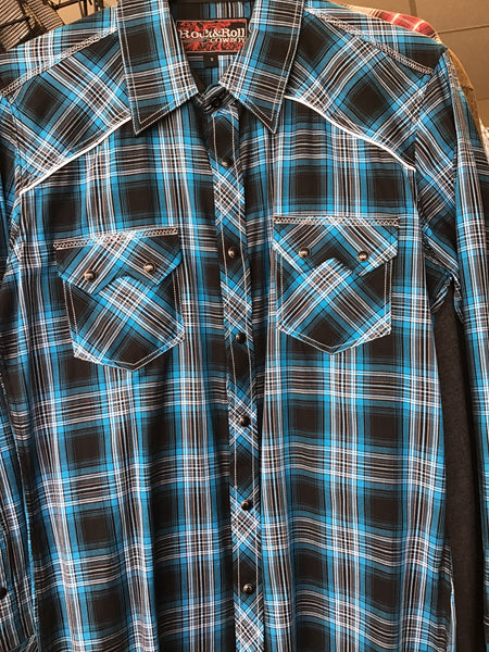 Rock & Roll Cobalt Blue & Black Plaid Long Sleeve Pearl Snap