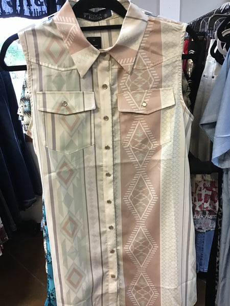 L&B Tan & Light Green Aztec Pearl Snap Dress