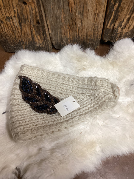 Beaded Feather  Ear Warmers with Button Closure