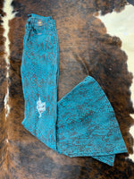 L&B Teal Snake with Silver Sequins Knee Patch Bell Bottoms
